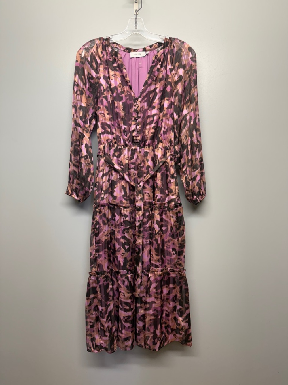 Greylin Anthropologie Animal Print Purple Tiered Long Sleeve Maxi Dress